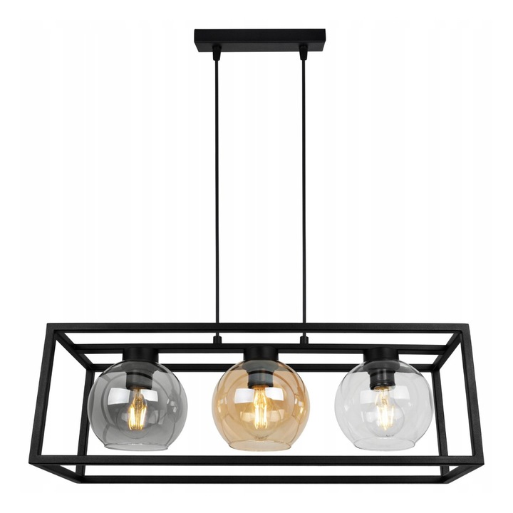 Plafoniera suspendata, Light Home, Haga Cage, reglabile, Lungime 60 cm, Latime 60 cm, Abajur 15 cm, E27, 3 punct de lumina, sticla, Negru/Auriu/Transparent