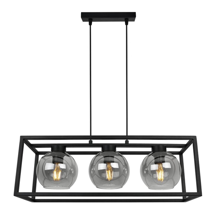 Plafoniera suspendata, Light Home, Haga Cage, reglabile, Lungime 90 cm, Latime 60 cm, Abajur 15 cm, E27, 3 punct de lumina, sticla, Negru