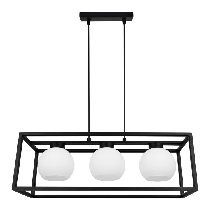 Plafoniera suspendata, Light Home, Eliza, reglabile, Lungime 90 cm, Latime 60 cm, Abajur 14 cm, E27, 3 punct de lumina, sticla, Alb/Negru