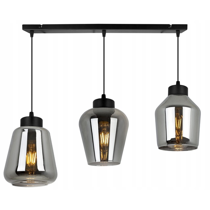 Lustra suspendata cu 3 surse de lumina, cu abajururi din sticla colorata, E27 max 60 W, 230V, negru