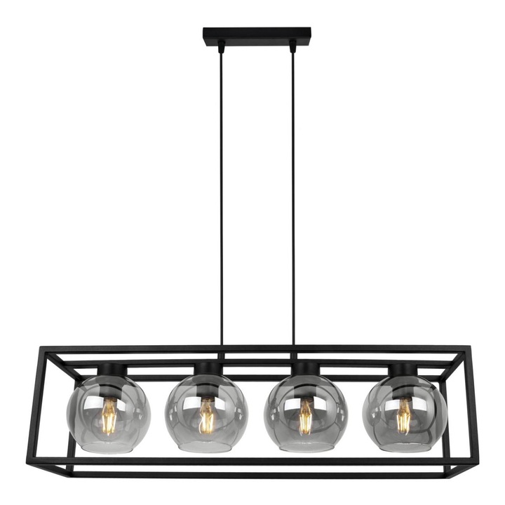 Plafoniera suspendata, Light Home, Haga Cage, reglabile, Lungime 90 cm, Latime 75 cm, Abajur 15 cm, E27, 4 punct de lumina, sticla, Negru