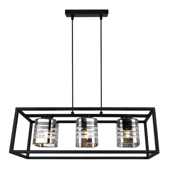 Plafoniera suspendata, Light Home, Helix Cage, reglabile, Lungime 90 cm, Latime 60 cm, Abajur 10 cm, E27, 3 punct de lumina, sticla, Negru/Crom