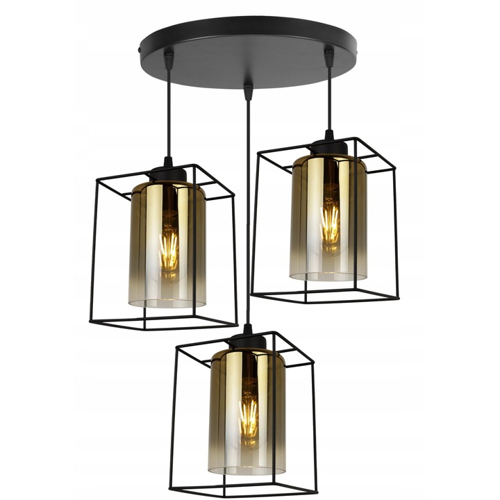 Plafoniera suspendata, Light Home, Hella Cage OW, reglabile, Lungime 90 cm, Abajur 14 cm, E27, 3 punct de lumina, sticla, Negru/Auriu