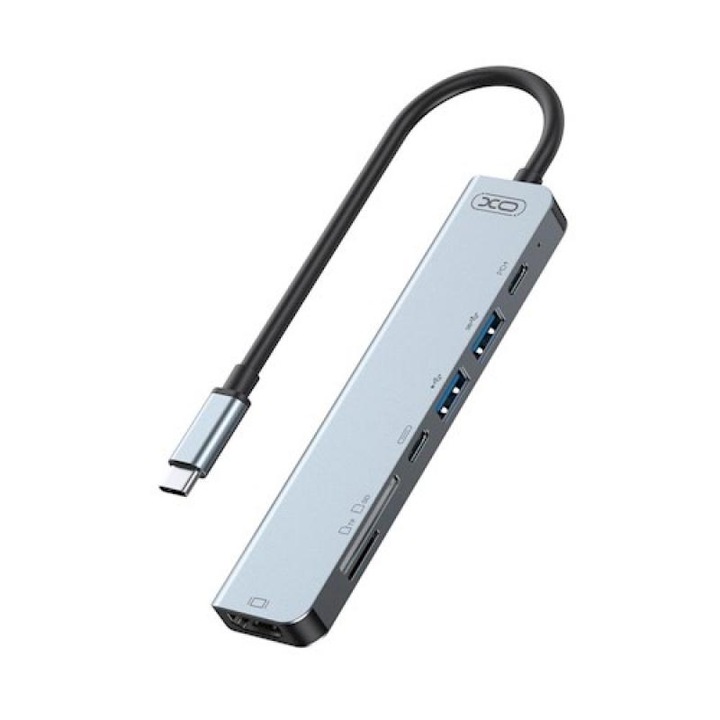 ХЪБ адаптер алуминий 7-в-1 XO HUB008, USB-C – 1x USB 2.0, 1x USB 3.0, 1x USB-C, 1x USB-C PD 100W, 1x HDMI, 1x SD, 1x MICRO SD, 15 см, Сив