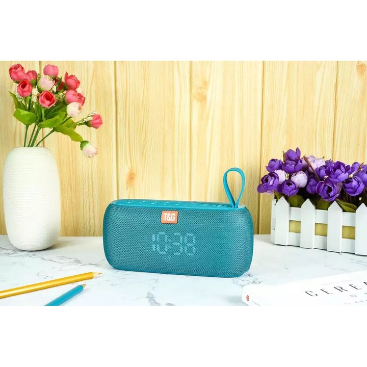Boxa Portabila Wireless cu Afisaj Digital, Bluetooth 5.0, Boxe TWS, MP3, TF/USB Card, Radio FM, Ceas Alarma, T&G-177, Verde Turcoaz