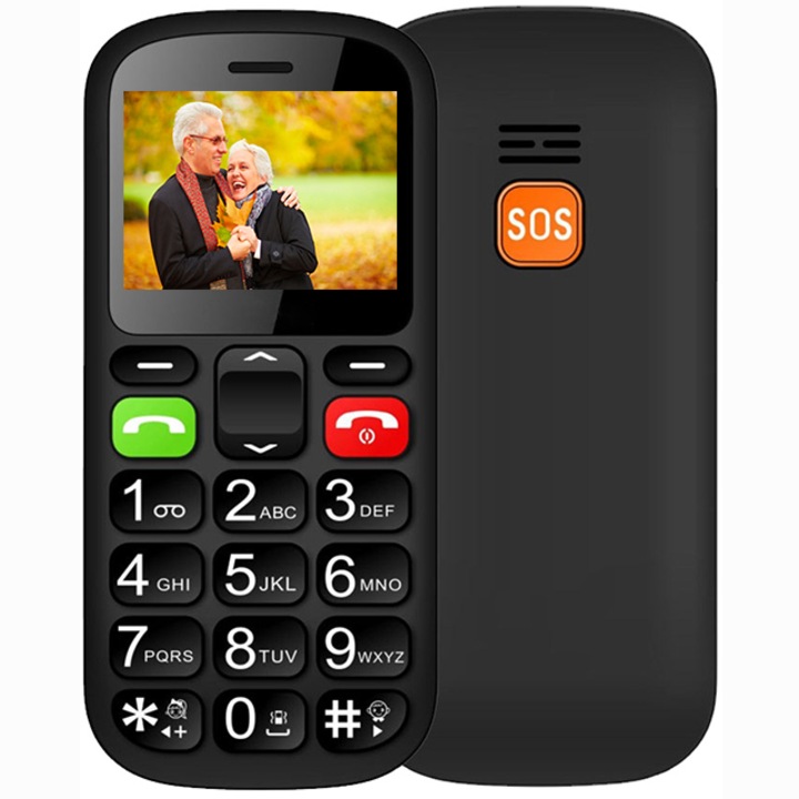 Telefon mobil pentru seniori, Artfone, dual SIM, taste mari, meniu in limba romana, buton SOS, Bluetooth, lanterna, radio, negru