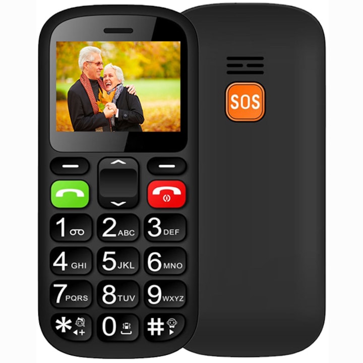 Telefon mobil pentru seniori, dual SIM, color, taste mari, meniu in limba Romana, buton SOS, Bluetooth, lanterna, radio, negru