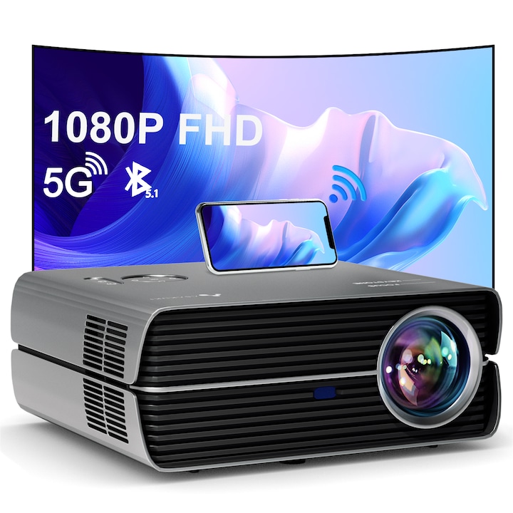 Videoproiector Native 1080P, Asakuki, Wi-Fi, Bluetooth, 4K, 450 ANSI, Compatibil cu TV Stick/Telefon/iPhone/Laptop/PS5, Gri