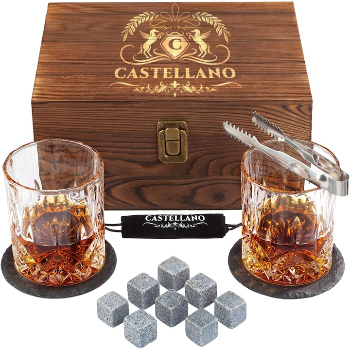 Castellano Prémium whisky készlet 2 pohárral, 8 természetes gránit kockával és fogóval, férfi ajándékok, bár kiegészítők