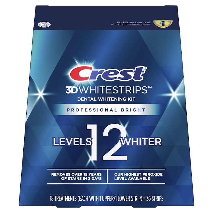 Crest 3D Whitestrips Professional Bright Fogfehérítő csík készlet, 14%-os koncentráció, 18 napos kezelés, 18 tasak