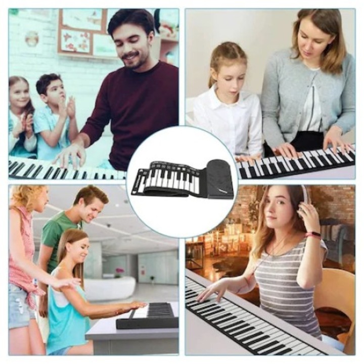 Foxmag24 Hordozható zongora, rugalmas, 49 billentyűvel, rögzítési funkcióval, 8 hangstílussal, állítható hangerővel, beépített hangszóróval, ergonómikus kialakítás, fekete/fehér