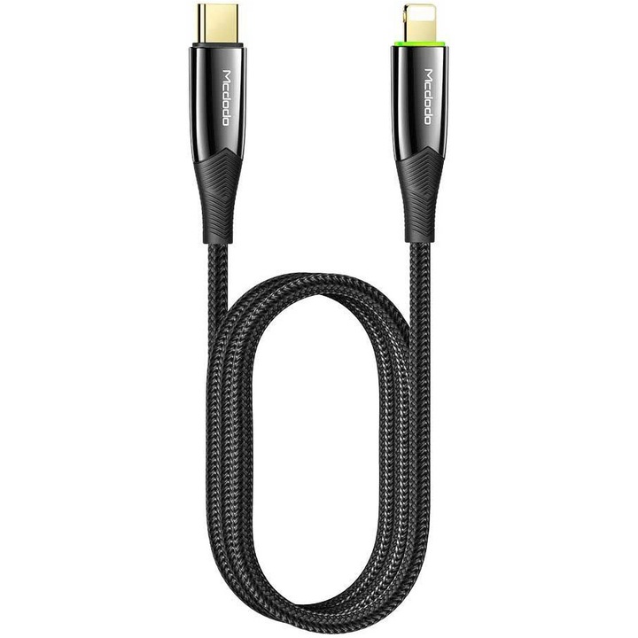 Cable Shark Series Mcdodo Type-C, villám típusú, PD, 1,2 m, 20 W, automatikus leállítás, fekete