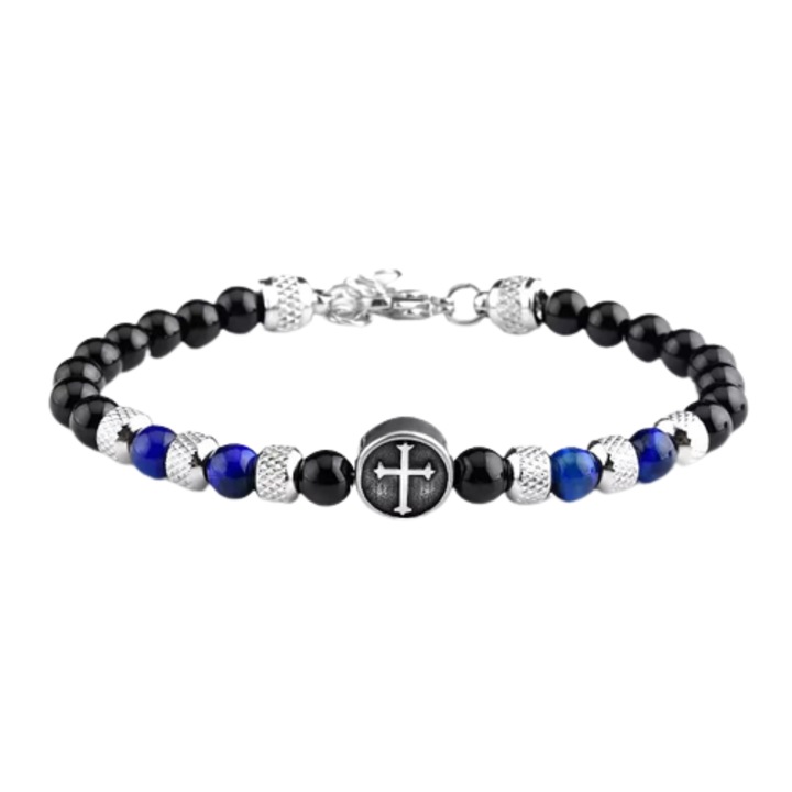 Bratara din pietre semipretioase, tiger eye, model cu cruce, charm-uri din otel inoxdabil, marime reglabila, Tessero, albastru