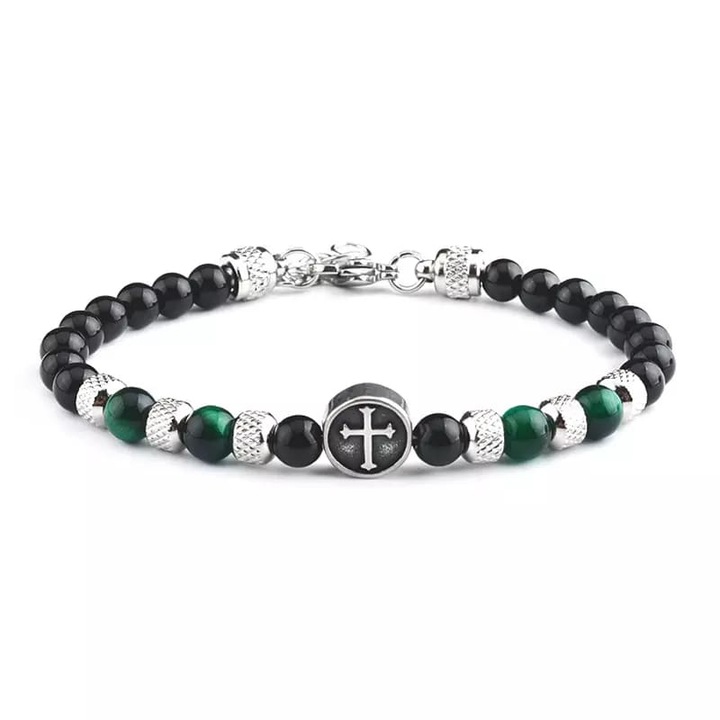 Bratara din pietre semipretioase, tiger eye, model cu cruce, charm-uri din otel inoxdabil, marime reglabila, Tessero, verde