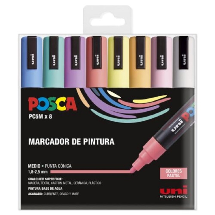 Комплект от 8 маркера, Posca PC5M, среден връх, пастелни цветове