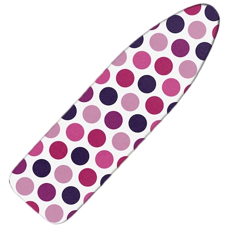 Husa masa de calcat, din bumbac si captuseala de pasla, cu elastic, potrivita pentru mese de calcat cu dimensiuni intre 110-125 cm lungime / 30-40 cm latime, model alb cu buline roz