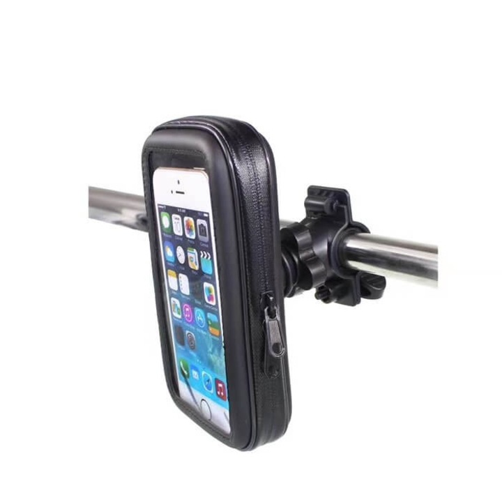 Suport / Borseta Telefon Compatibila cu Bicicleta, Waterproof, Montare pe Ghidon, Negru