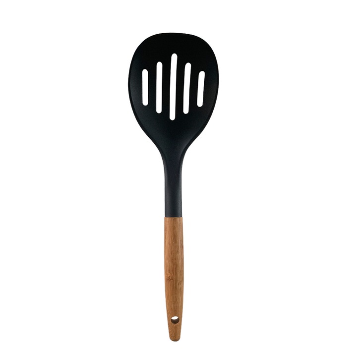 Перфорирана кухненска шпатула с бамбукова дръжка, Frandis, 35 см, черна/естествена, модел 017004