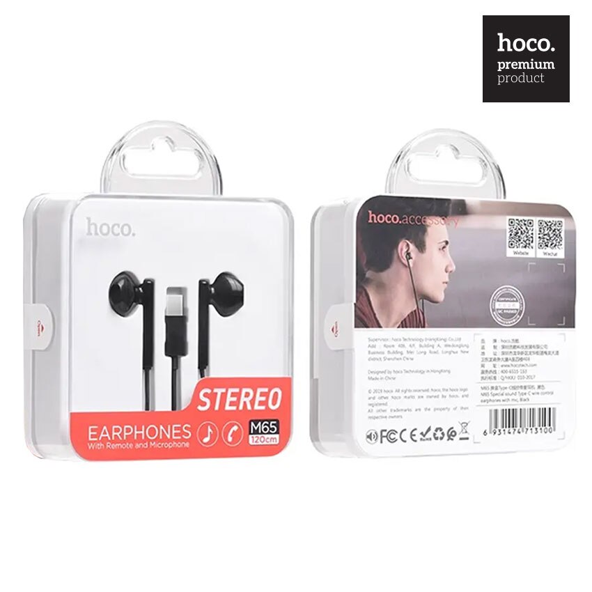 Casti Hoco InEar, Stereo, conector USB-C, cu microfon si comenzi pe fir, 1.2m, Negre (M65)