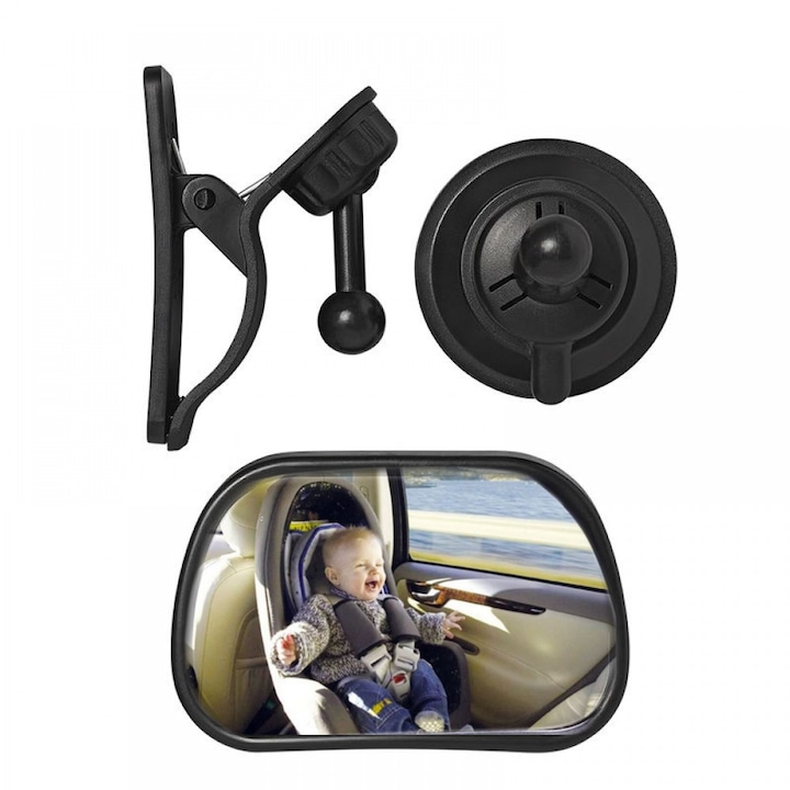Oglinda auxiliara convexa pentru supraveghere copii cu prindere ventuza parbriz si adaptor parasolar