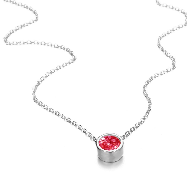 Lantisor CLASStitude cu pandantiv tip piatra lunii de nastere, Turmalina luna Octombrie, din aliaj cu cristal Roz, lungime 43 cm, Argintiu