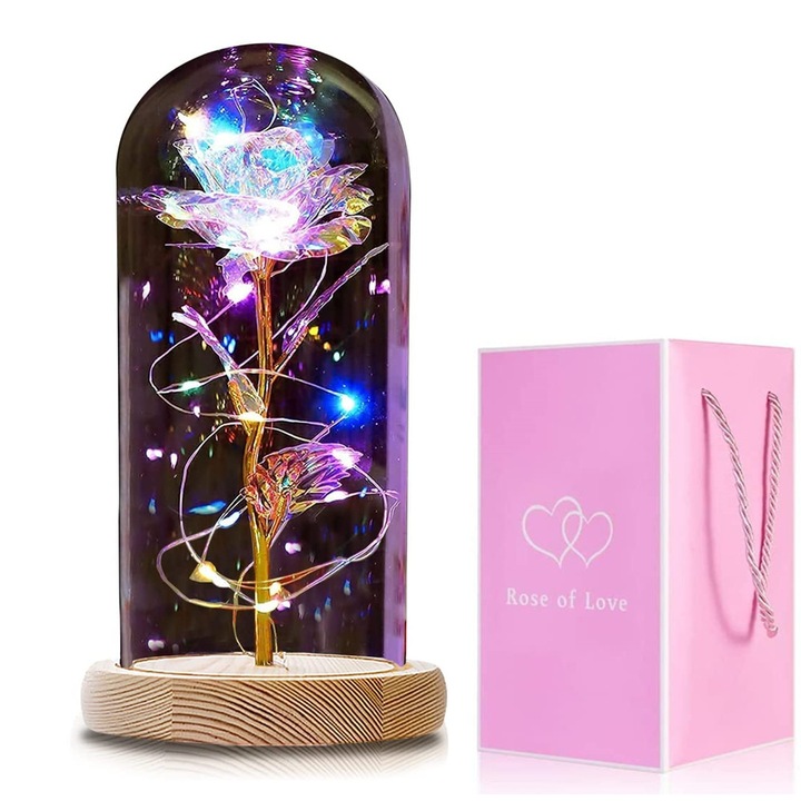 Trandafir criogenat suflat EZGETOP® in Cupola de Sticla, Cu lumini LED, Metal, aur, lemn si sticla, violet culoare
