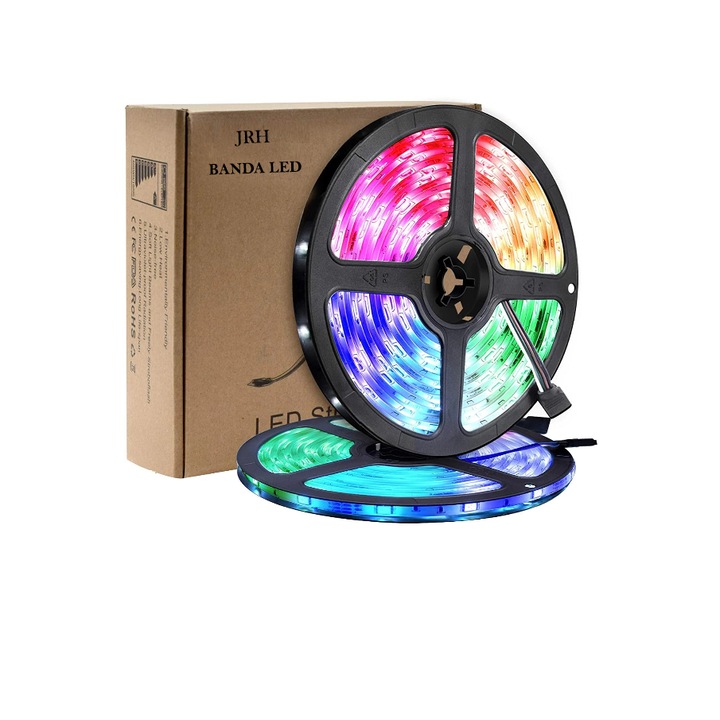 Kit Banda Led 5050 RGB JRH® Lumina Ambientala Multicolora, 5 Metri, Control Prin Telecomanda, IP65, Led Strip, Multicolor