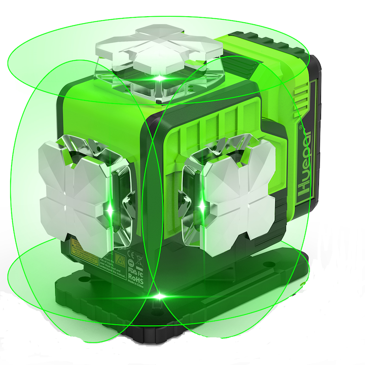 Nivela laser Huepar P04CG autonivelare 4D, fascicul verde auto-nivelabil cu 16 linii, nivelare 4*360°, cu telecomanda, functie bluetooth, suport magnetic inclus si geanta rigida de transport
