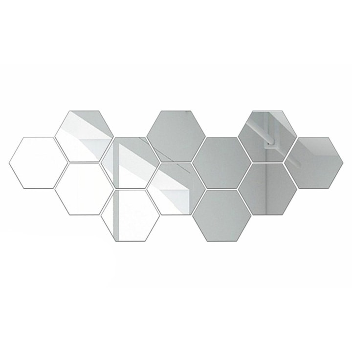 Set 12 autocolante de perete tip oglinda, Zola®, forma hexagonala, 9x17.5x15.5 cm, argintiu
