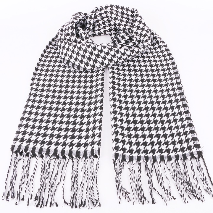 Fular cu imprimeu picior de cocos, pentru perioada rece, cu franjuri, ZS-30-1 Negru