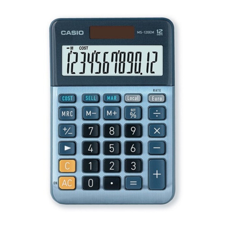 Калкулатор Casio MS-120EM, настолен, 12 dgt, 14.9 х 10.1 х 2.8 см, син металик