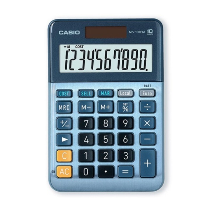 Калкулатор Casio MS-100EM, настолен, 10 dgt, 14.9 х 10.1 х 2.8 см, син металик