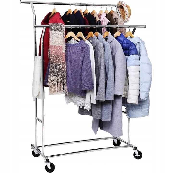 Professzionális dupla ruhafogas állvány, kihúzható rúddal, tartós rozsdamentes acélból, állítható magasságú, 110 kg teherbírás