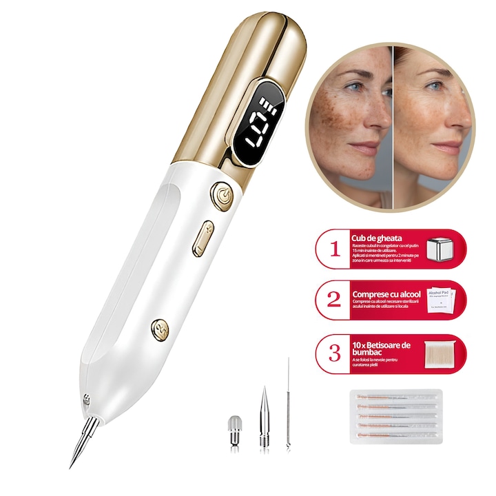 Aparat Plasma Pen LittleDomi, Indepartare Petelor, Negilor, Pistruilor, Cicatricelor, Alunitelor, Tatuajelor, Lifting Pleoape, Ecran LCD, 9 Trepte, Portabil, Reincarcabil, Lampa, 1x Cub Gheata Inox, 2x Servetel cu Alcool, 10x Betisoare, Auriu/Alb
