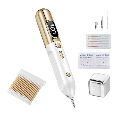 Aparat Plasma Pen LittleDomi, Indepartare Petelor, Negilor, Pistruilor, Cicatricelor, Alunitelor, Tatuajelor, Lifting Pleoape, Ecran LCD, 9 Trepte, Portabil, Reincarcabil, Lampa, 1x Cub Gheata Inox, 2x Servetel cu Alcool, 10x Betisoare, Auriu/Alb