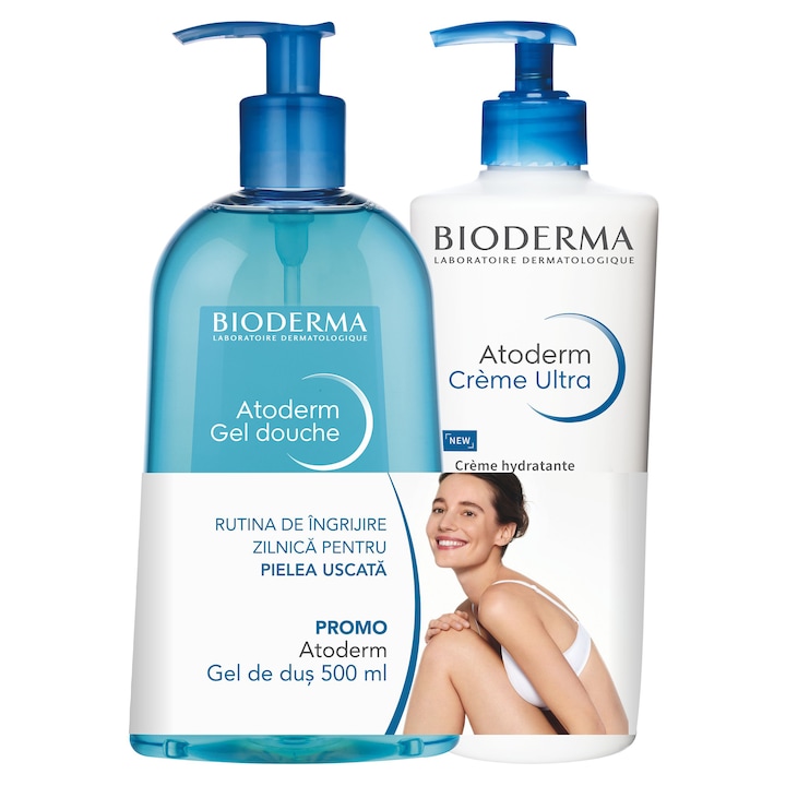 Комплект Bioderma Atoderm: Крем за тяло Ultra, С аромат, 500 мл + Душ гел, 500 мл