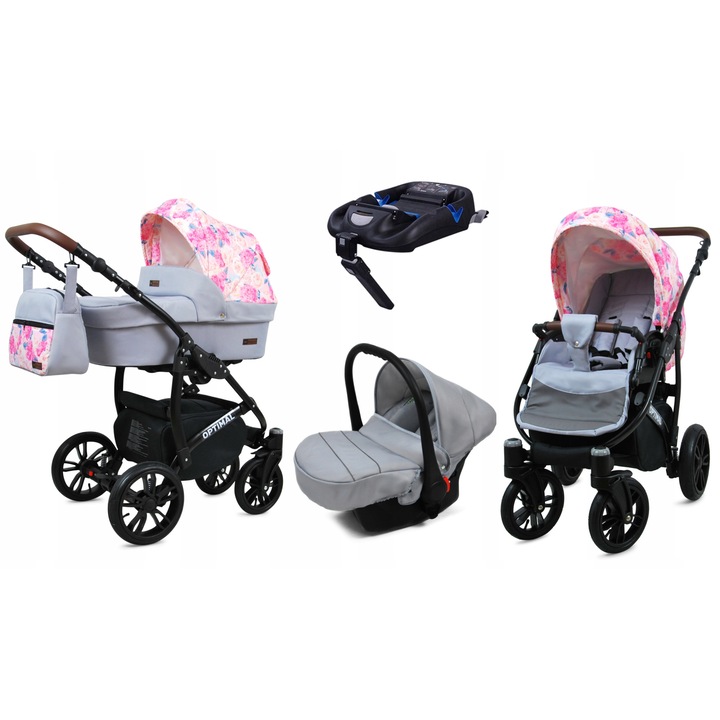 Carucior de Copii BabyLux OPTIMAL 4in1, Adanc Reversibil, Scaun Autofaza, Cadru Aluminiu, Isofix, Culoare Peony And Rose Black Frame