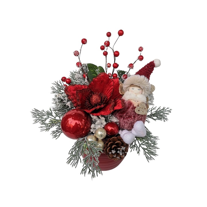 Aranjament Craciun 23 x25 cm, cu inger pufos, craciunita rosie, brad artificial, DADY, in ghiveci rosu ceramic
