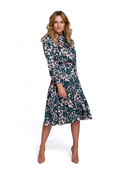 Разкроена рокля с флорален принт, Makover, полиестер, розово/зелено, XL