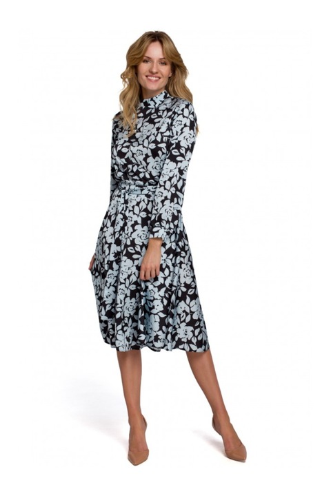 Разкроена рокля с флорален принт, Makover, полиестер, черно/синьо, XL