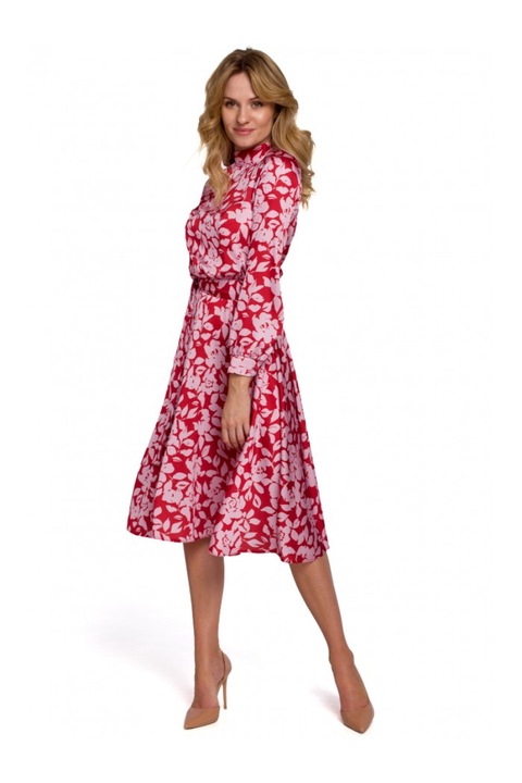Разкроена рокля с флорален принт, Makover, полиестер, червено/розово, XXL