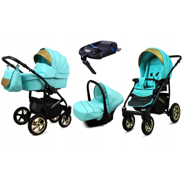 Carucior multifunctional 4 in 1 Baby Lux Gold Lux Premium cu Baza Isofix, Landou, Scaun Auto, Cadru Aluminiu Usor si Roti Anti-pana cu Suspensie, Culoare Auriu Albastru