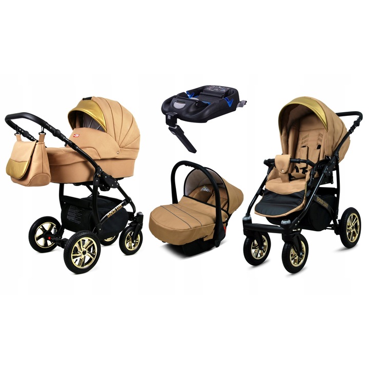 Carucior pentru copii, Baby Lux, 4 in 1, Baza Isofix, Aluminiu/Bumbac, Auriu/Bej