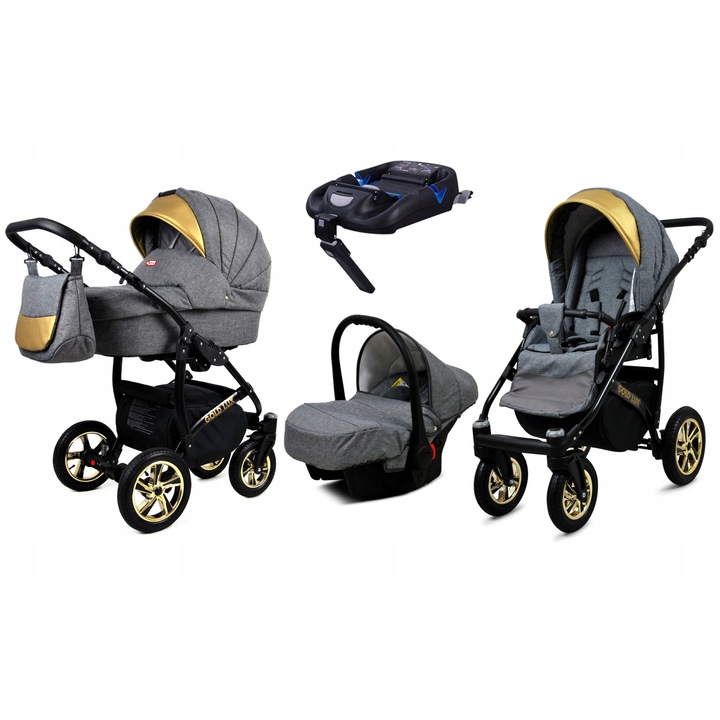 Carucior pentru copii Baby Lux Gold Lux 4 in 1, sistem complet cu landou, parte sport, scaun auto si baza Isofix, cadru aluminiu, textil bumbac, roti antipunctie, suspensie, auriu/gri