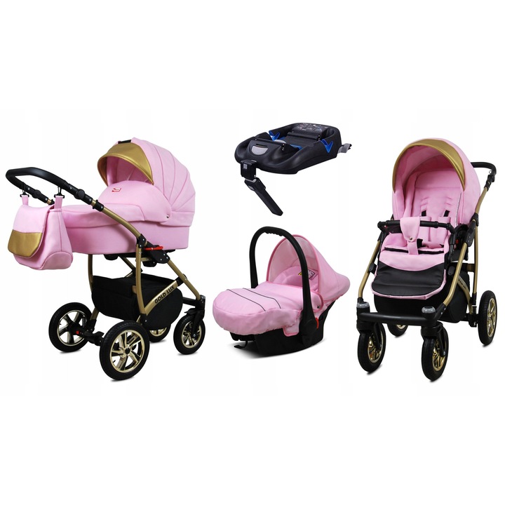 Carucior Copii multifunctional Baby Lux Gold Lux 4 in 1 cu landou, parte sport, scaun auto si Baza Isofix, cadru Aluminiu, textil Bumbac, Auriu/Roz