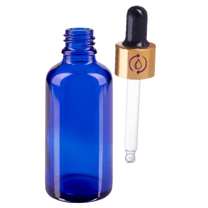DROPY Vastag üveg kozmetikai tartály, üveg pipettával, illóolajokhoz, keverékekhez, szérumokhoz, 100 ml, kék