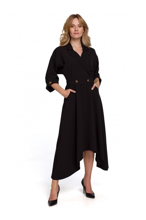 Миди рокля с декоративни копчета, Makover, Полиестер, Черна, XL