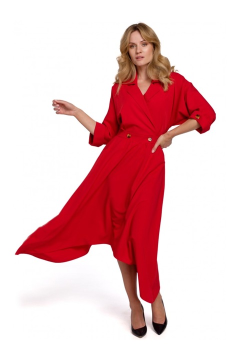 Миди рокля с декоративни копчета, Маковер, Полиестер, Червена, S