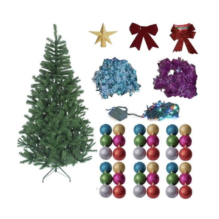 Set Brad Artificial Impodobit Complet Craciun 180 cm Brad Artificial, Globulete, Instalatie, Beteala, Varf, Fundite