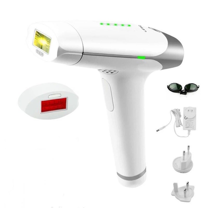 Epilator IPL Zenno®, epilare definitiva fara durere, Tehnologie IPL, 5 trepte de intensitate, pentru barbati si femei, Senzor Piele, fata, corp, axila si inghinal, 300.000 de Pulsatii, Alb/Auriu